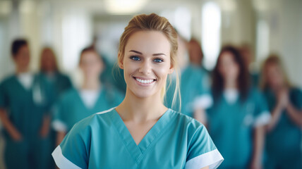 Fototapeta premium Team of beautiful female nurses or doctors in hospital or health clinic, professional photo for background banner or header