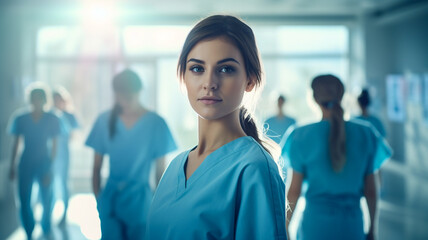 Obraz premium Team of beautiful female nurses or doctors in hospital or health clinic, professional photo for background banner or header