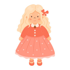 Children toy doll. Beautiful cute curly blonde girl with long hair in red dress. Vector illustration in cartoon style.