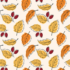 Autumn foliage background. Fall seamless pattern. Line hand drawn leaves. Colorful botanical natural illustration