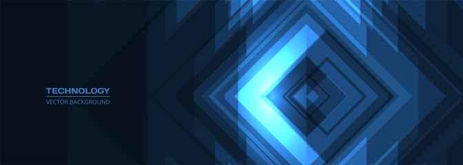 Obraz premium Abstract dark blue technology background with glowing hi-tech shapes and lines. Wide vector illustration