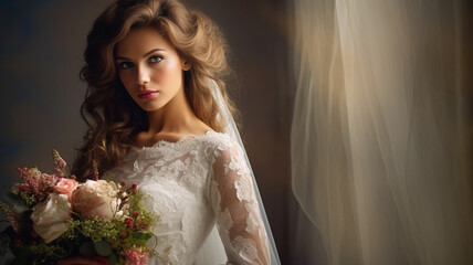 Beautiful female bride at wedding photoshoot wearing white dress or bridal gown