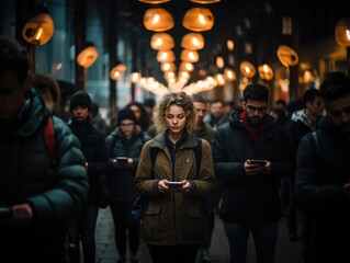 Foto mostrando o cotidiano conectado e dependente das pessoas nos smartphones e redes sociais, tecnologia e conexão 4G e 5G. - obrazy, fototapety, plakaty