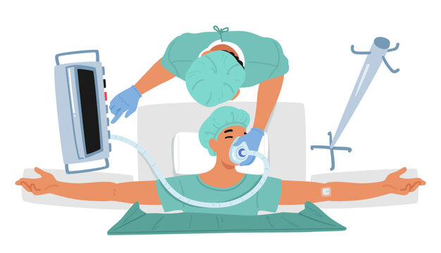 Top View Of Anesthesiologist Character Places Mask On Patient Face During Surgery, Cartoon People Vector Illustration