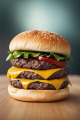 Cheeseburger with beef patty, cheese and pickles, Hamburger on wooden table with bokeh background, selective focus