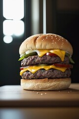 Cheeseburger with beef patty, cheese and pickles, Hamburger on wooden table with bokeh background, selective focus