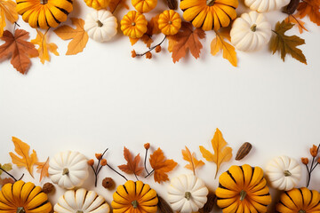 Autumn Bounty - Flat lay of dried leaves, pumpkins, and flowers on a white background for Thanksgiving Day celebration,