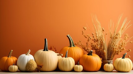 Pumpkin variations for Thanksgiving with an autumnal look. Small and large pumpkins such as Hakkaido and Butternut against a light background. - Generative AI