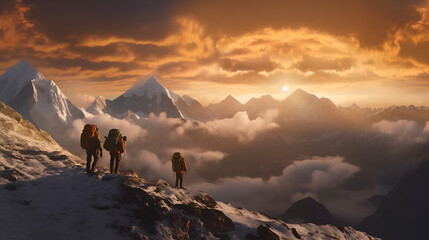 Mountainous Sunset Majesty: Hikers Embrace an Awesome Panoramic View, generative ai 