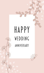 Happy Wedding anniversary - Schriftzug in englischer Sprache - Alles Gute zum Hochzeitstag. Glückwunschkarte mit floralem Design in Rosétönen.