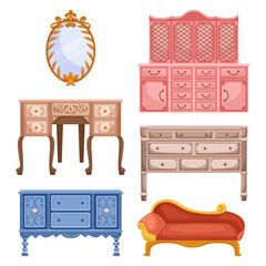 Mirror, Dressers, Bureau And Couch Charming Vintage Furniture Set With Timeless Designs. Crafted With Quality Materials