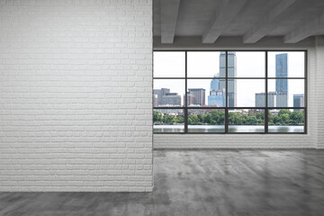 Panoramic picturesque city view of Boston at day time from modern empty room, Massachusetts. An intellectual and political center. Mockup copy space empty wall. Display concept. 3d rendering. - obrazy, fototapety, plakaty