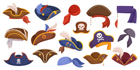 Iconic Pirate Hats, Wide-brimmed, Adorned With Feathers, And A Skull And Crossbones Symbol Or Head Scarves
