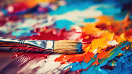 Obraz premium Acrylic colours on plate with paining brushes for art work.