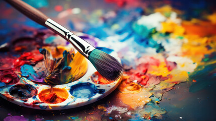 Fototapeta premium Acrylic colours on plate with paining brushes for art work.
