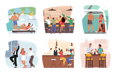 Fototapeta premium Characters in Crowded Bar Filled With Laughter And Chatter. People Mingling, Clinking Glasses, Enjoying Drinks