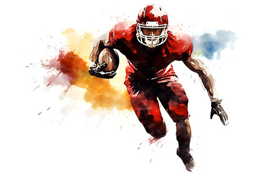 Watercolor American Football Player With a Ball Isolated on White: AI Generated