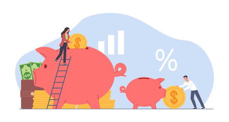 Concept of big and small money savings, huge and little money piggy bank. Family investment strategy, people put income and cash on deposit, various percentage. Vector cartoon flat illustration