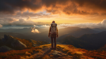 Fototapeta premium Captivating Tranquility: A Solo Female Hiker Embracing the Breathtaking Sunset View in the Great Outdoors, generative ai