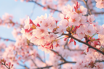 Pink cherry blossom flowers in full bloom adorn a branch against a clear blue sky background.