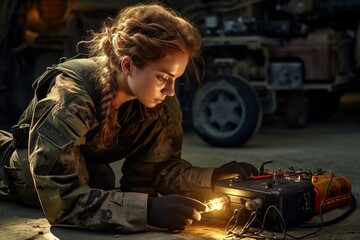 Female bomb disposal expert. Female soldier and bomb disposal training - obrazy, fototapety, plakaty