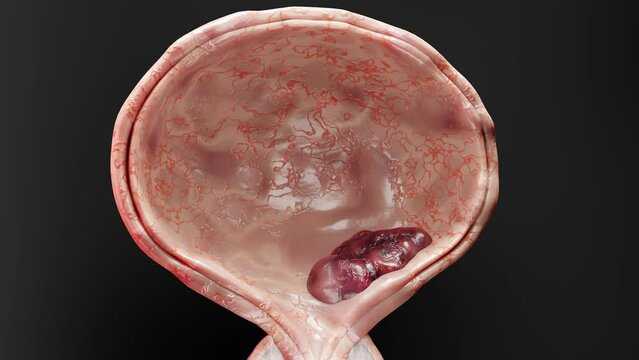 Bladder cancer stages. ancerous cells, malignant tumor compresses urethra. Pathological disruption, genital reproductive system anatomy, bladder Oncological or Urological Disease, bph, 3d render