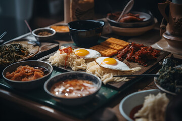 a closeup of a South Korean breakfast, AI generated, Generative AI, AI Art, illustration, - obrazy, fototapety, plakaty