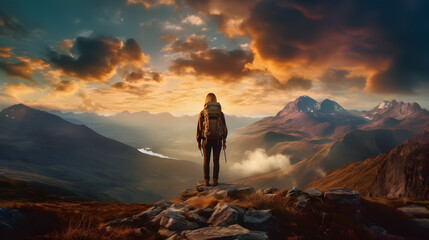 Fototapeta premium Captivating Tranquility: A Solo Female Hiker Embracing the Breathtaking Sunset View in the Great Outdoors, generative ai