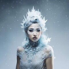 Beautiful Woman with Dramatic Crown of White Crystals, Dressed as Ice Queen or Snow Witch, Asian Winter Magic Character