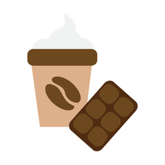 Plastic glass of coffee with cream and bar of chocolate. Delicious cafe drink cartoon illustration. Coffee break, beverages concept. Colored flat vector isolated on white background