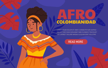 Afro colombianidad concept. Woman in orange clothes with traditional patterns and ornaments. Culture and history of african people. Poster or banner for website. Cartoon flat vector illustration