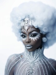 Black Woman with White Afro in Glamorous Winter Costume, Dressed as Ice Queen, Snow Witch, Fantasy Goddess Character