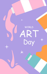 Art day banner concept. International holiday and festival 15 April. Packages with paints. Pack for creativity. Equipment for art studion and workshop. Cartoon flat vector illustration