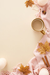 Immerse yourself in the captivating autumn vibe. Top view vertical photo of pink blanket, candles,...