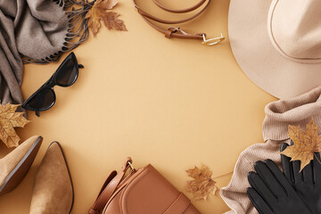 Capture the essence of fall in every outfit you wear. Top view shot of stylish headwear, scarf, sunglasses, gloves, bag, belt, boots, dry maple leaves on pastel brown background with promotional slot