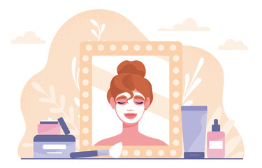 Woman with beauty procedures concept. Young girl with face mask and skin care. Beauty, aesthetics and elegance. Character with creams and lotions near mirror. Cartoon flat vector illustration