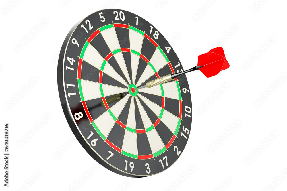 Poster dartboard with dart in bullseye, 3d rendering isolated on transparent background