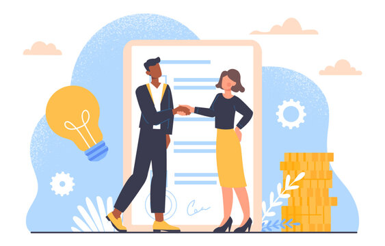 Business consolidation concept. Man and woman shake hands against background of document. Collaboration and cooperation, teamwork. People with agreement. Cartoon flat vector illustration