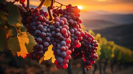 Ripe grapes in vineyard at sunset in Tuscany, Italy. Ripe red wine grapes in vineyard ready to harvest, close up.	