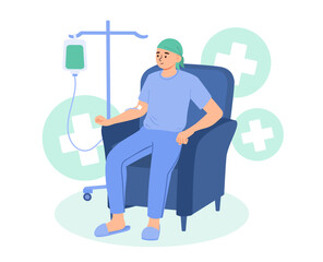 Man with cancer concept. Young guy with dropper in his hand sitting on chair. Diagnosis and treatment. Character after chemotherapy. Healthcare and medicine. Cartoon flat vector illustration