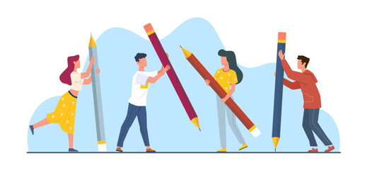 Copywriting and blogging, guys and girls with huge pencils. Writer character or content manager stands with pen. Creative stationery cartoon flat style illustration. Vector marketing concept