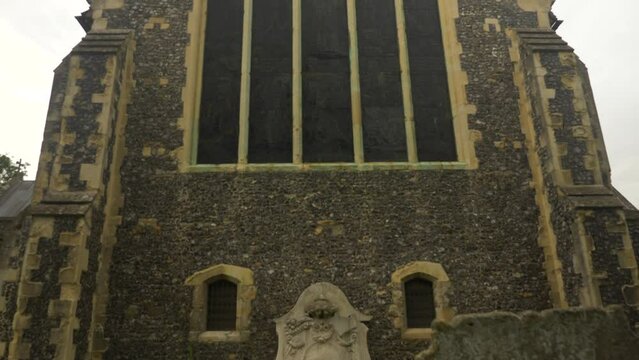Gravestones Ornate Stained Glass Window Church Cathedral Castle Pan Up