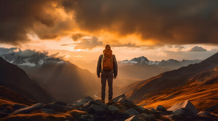 Mountains Embracing Sunset: A Hiker's Backview Amidst Snowy Peaks, generative ai 