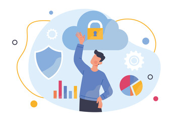 Fototapeta na wymiar Man with cloud security concept. Young guy with graphs and diagrams. Statistics and infographics. Electronic archive and storage, corporate server. Cartoon flat vector illustration