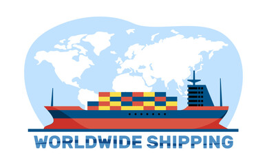 Delivery of goods by cargo seagoing vessels. Worldwide shipping. Barge with containers on map background. Freight commerce distribution. Cartoon flat isolated illustration. Vector export concept