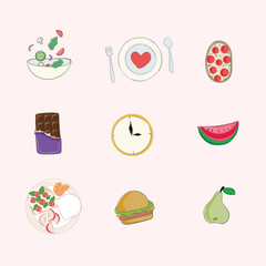 healthy food doodle style icons, healthy breakfast, balanced diet. Eat what you love. 