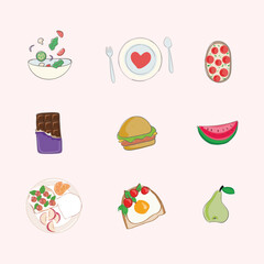healthy food doodle style icons, healthy breakfast, balanced diet. Eat what you love. 