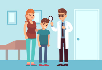 Doctor examines patient head, looking for lice in boy hair. Hygiene problem or infection, pediatrician and kid. Parasite insect, louse disease cartoon flat style isolated vector concept