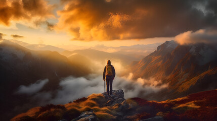 Serenity on High: Sunset and Snow-Capped Peaks from a Hiker's View, generative ai 