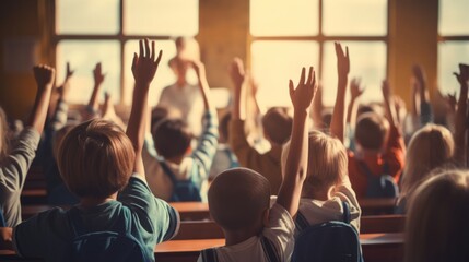 Children raising their hands in a classroom